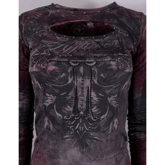 AFFLICTION Women's T-Shirt L/S CYPRESS Tee Biker - Picture 9 of 12